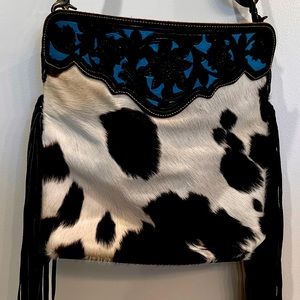 One of a kind Myra cowhide western crossbody bag purse tooled leather fringe